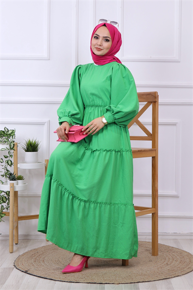 Balon Kol Elbise Yeşil