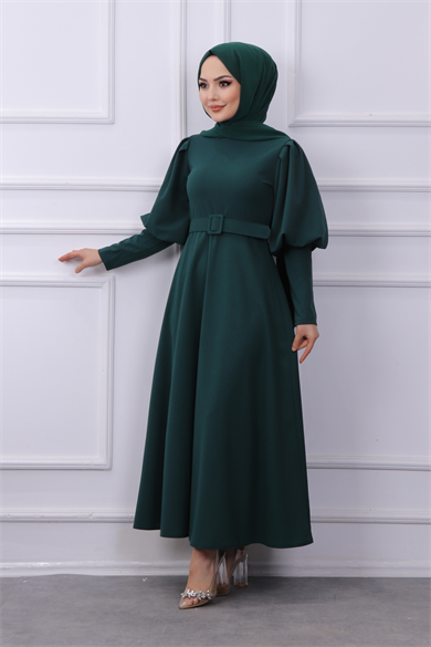 Balon Kol Elbise Yeşil