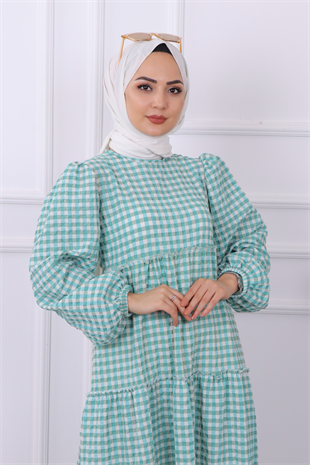 Balon Kol Elbise Yeşil Beyaz