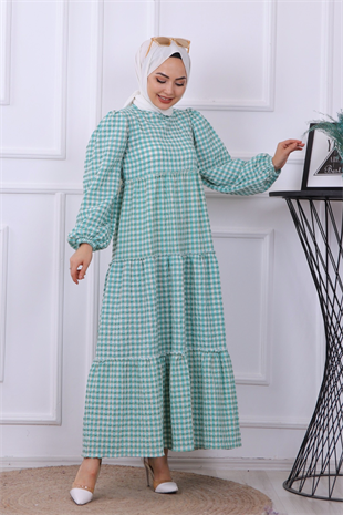 Balon Kol Elbise Yeşil Beyaz