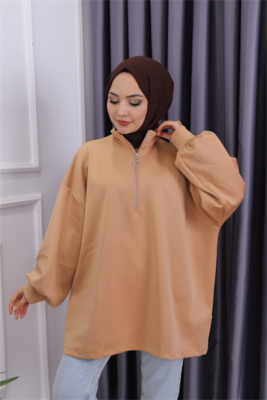Balon Kol Fermuarlı Tunik Camel