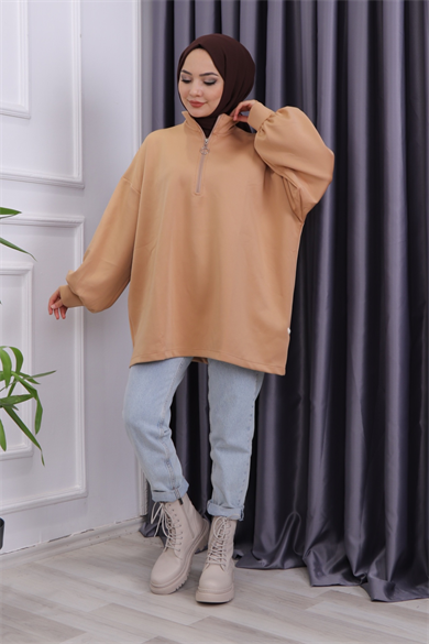 Balon Kol Fermuarlı Tunik Camel