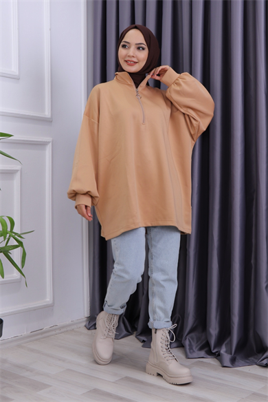 Balon Kol Fermuarlı Tunik Camel
