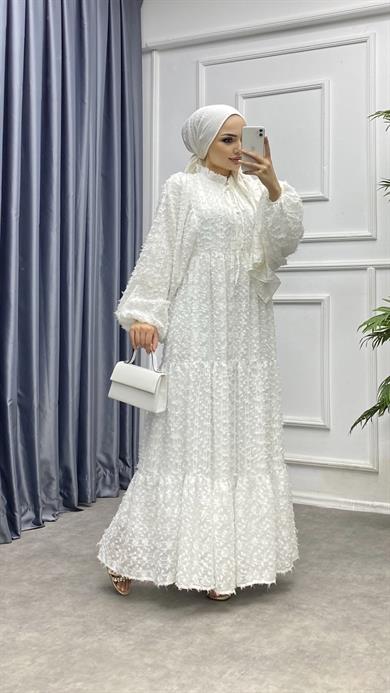 Balon Kol Fisto Elbise Beyaz