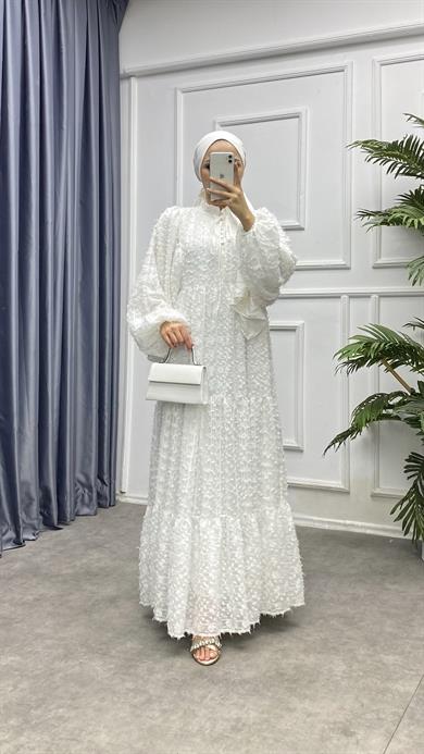 Balon Kol Fisto Elbise Beyaz