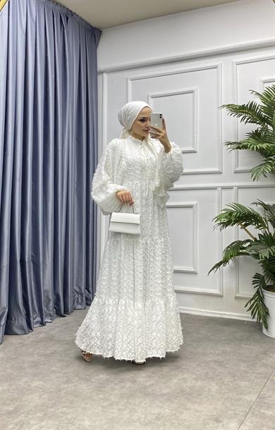 Balon Kol Fisto Elbise Beyaz