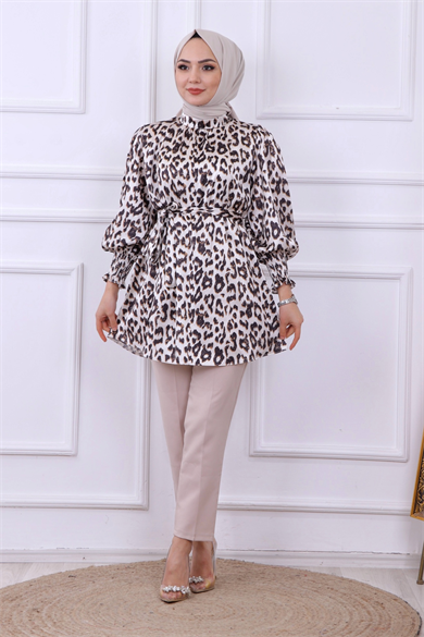 Balon Kol Leopar Desen Tunik - Kahve