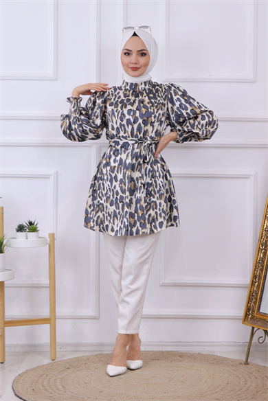 Balon Kol Leopar Desen Tunik  Lacivert