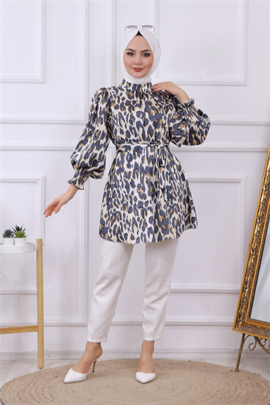 Balon Kol Leopar Desen Tunik  Lacivert