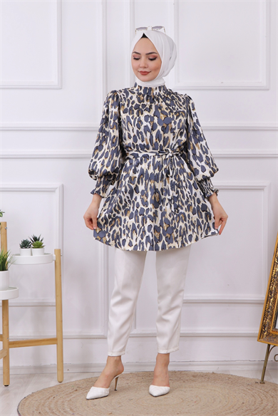 Balon Kol Leopar Desen Tunik  Lacivert