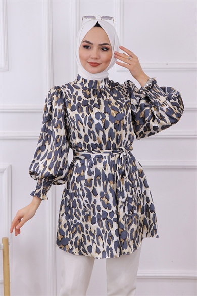 Balon Kol Leopar Desen Tunik  Lacivert