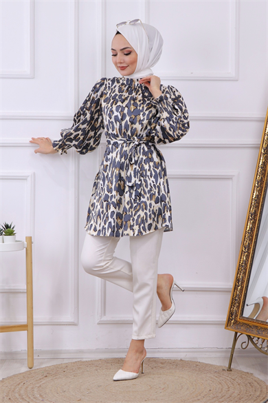 Balon Kol Leopar Desen Tunik  Lacivert