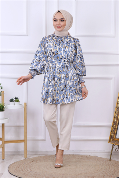 Balon Kol Leopar Desen Tunik  Mavi