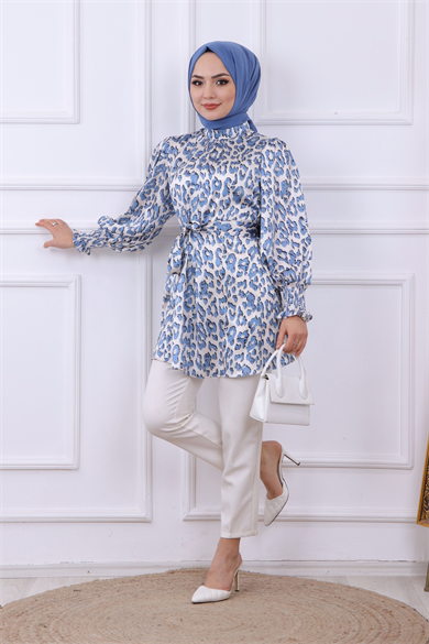 Balon Kol Leopar Desen Tunik - Mavi