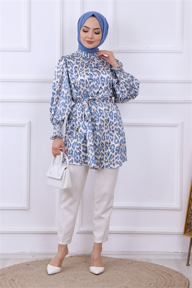 Balon Kol Leopar Desen Tunik - Mavi