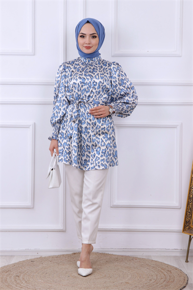 Balon Kol Leopar Desen Tunik - Mavi
