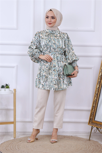 Balon Kol Leopar Desen Tunik  Mint Yeşili