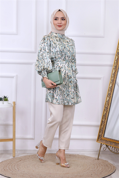 Balon Kol Leopar Desen Tunik  Mint Yeşili