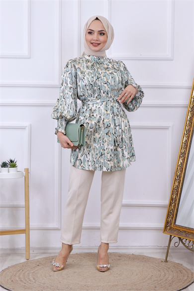 Balon Kol Leopar Desen Tunik  Mint Yeşili