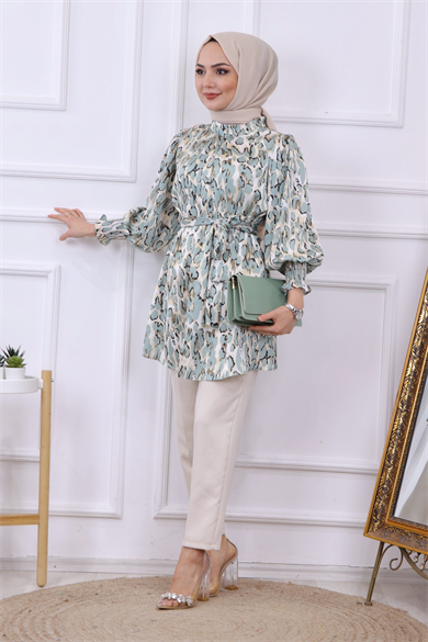 Balon Kol Leopar Desen Tunik  Mint Yeşili
