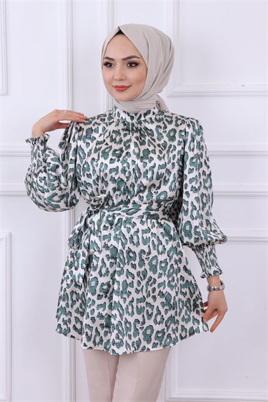 Balon Kol Leopar Desen Tunik - Yeşil