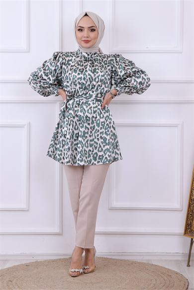 Balon Kol Leopar Desen Tunik - Yeşil
