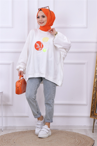 Balon Kol Oversize Sweat Beyaz