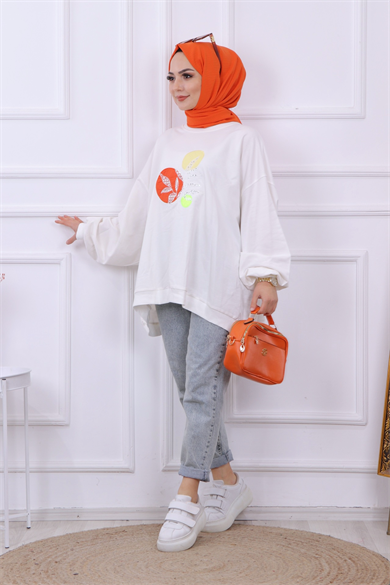 Balon Kol Oversize Sweat Beyaz
