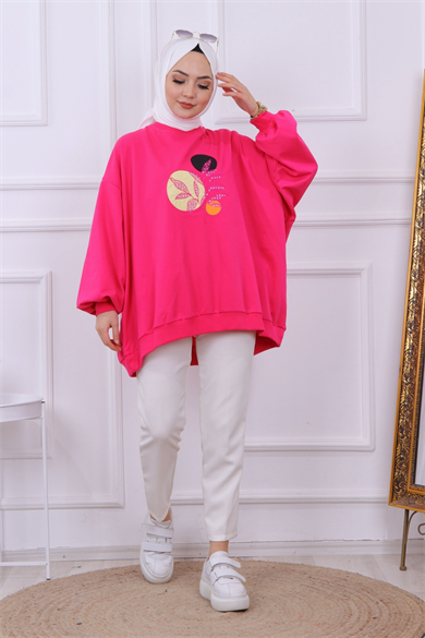Balon Kol Oversize Sweat Fuşya