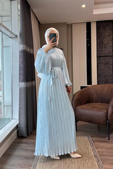 Balon Kol Saten Elbise Bebe Mavisi