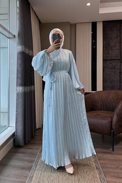 Balon Kol Saten Elbise Bebe Mavisi