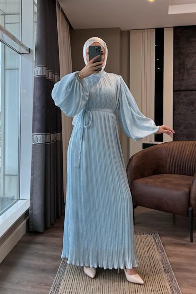 Balon Kol Saten Elbise Bebe Mavisi