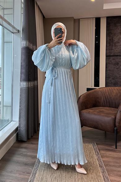 Balon Kol Saten Elbise Bebe Mavisi