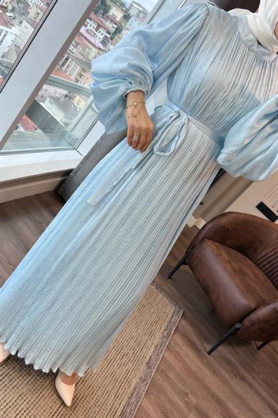 Balon Kol Saten Elbise Bebe Mavisi