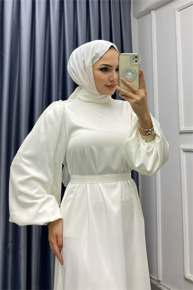 Balon Kol Saten Elbise Beyaz