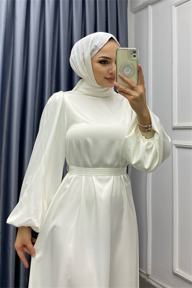 Balon Kol Saten Elbise Beyaz