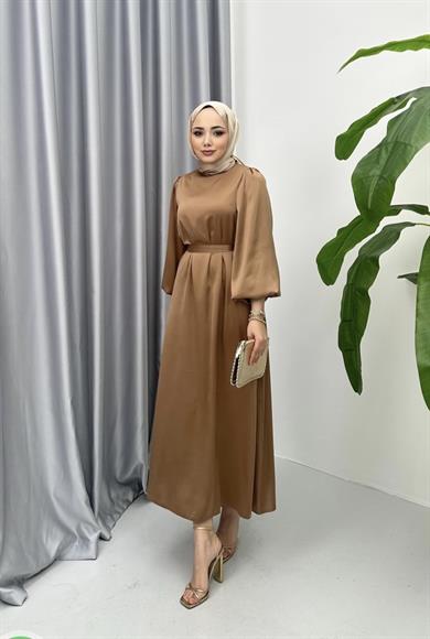 Balon Kol Saten Elbise Camel