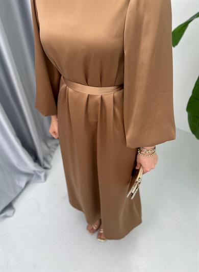 Balon Kol Saten Elbise Camel