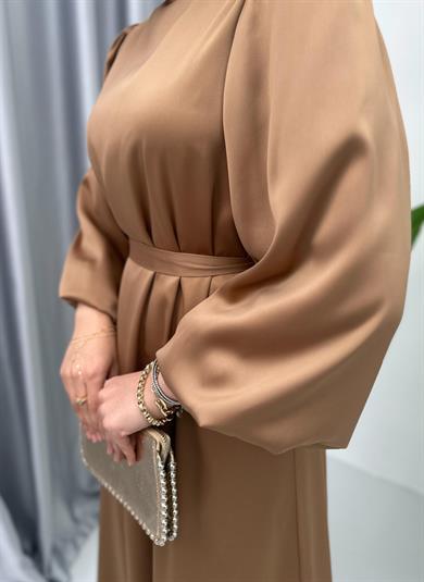 Balon Kol Saten Elbise Camel