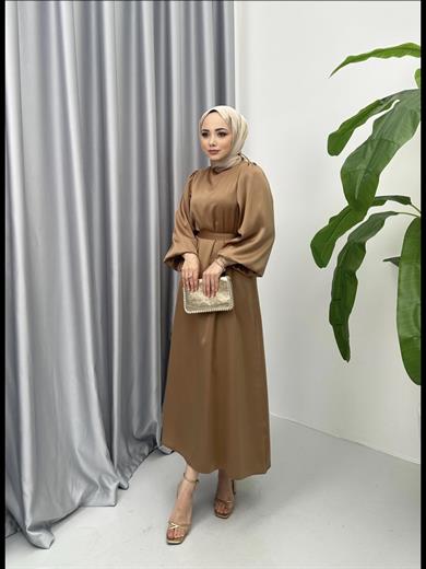 Balon Kol Saten Elbise Camel