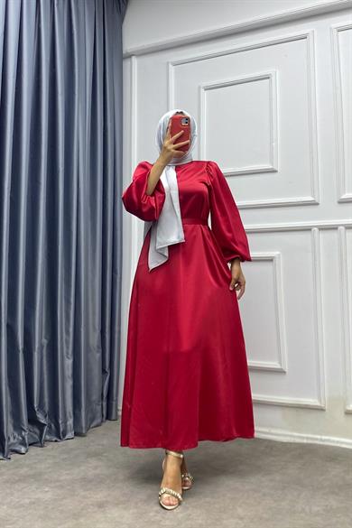 Balon Kol Saten Elbise Kırmızı 