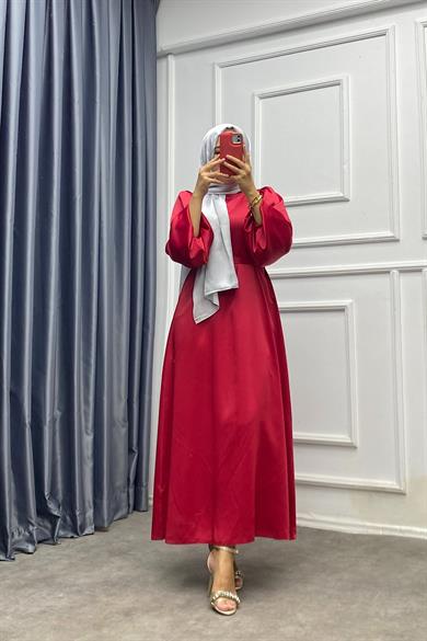 Balon Kol Saten Elbise Kırmızı 