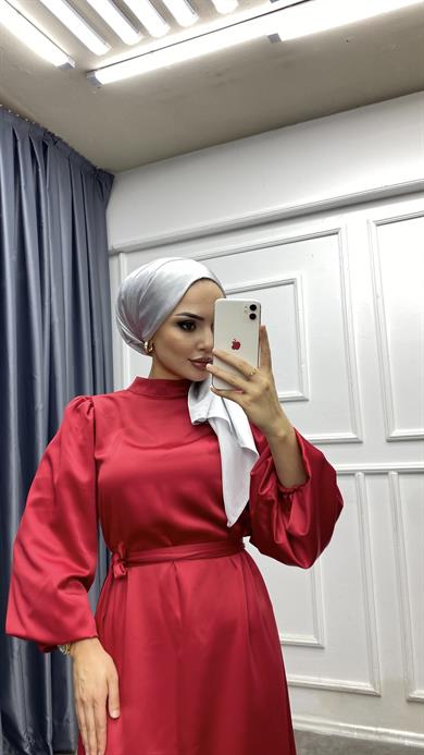 Balon Kol Saten Elbise Kırmızı 