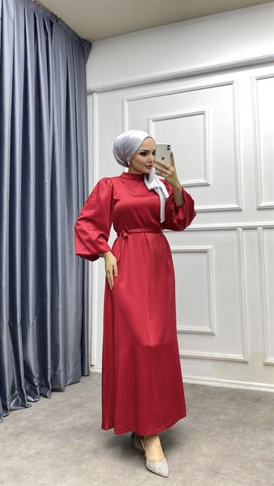 Balon Kol Saten Elbise Kırmızı 