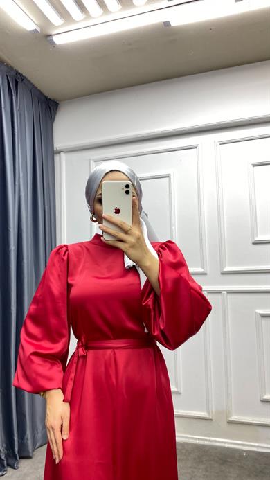 Balon Kol Saten Elbise Kırmızı 