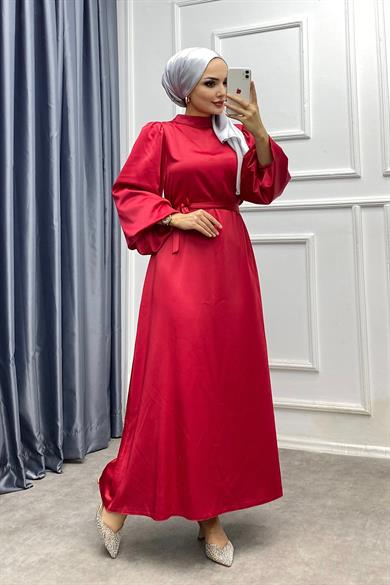 Balon Kol Saten Elbise Kırmızı 