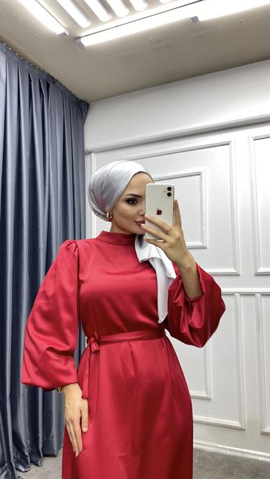 Balon Kol Saten Elbise Kırmızı 