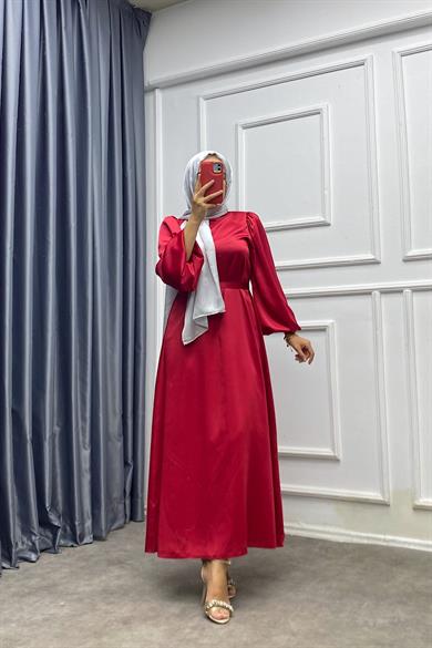 Balon Kol Saten Elbise Kırmızı 