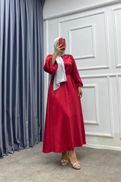 Balon Kol Saten Elbise Kırmızı 