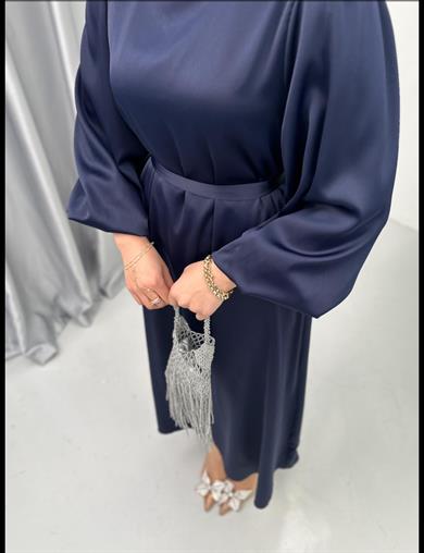 Balon Kol Saten Elbise Lacivert